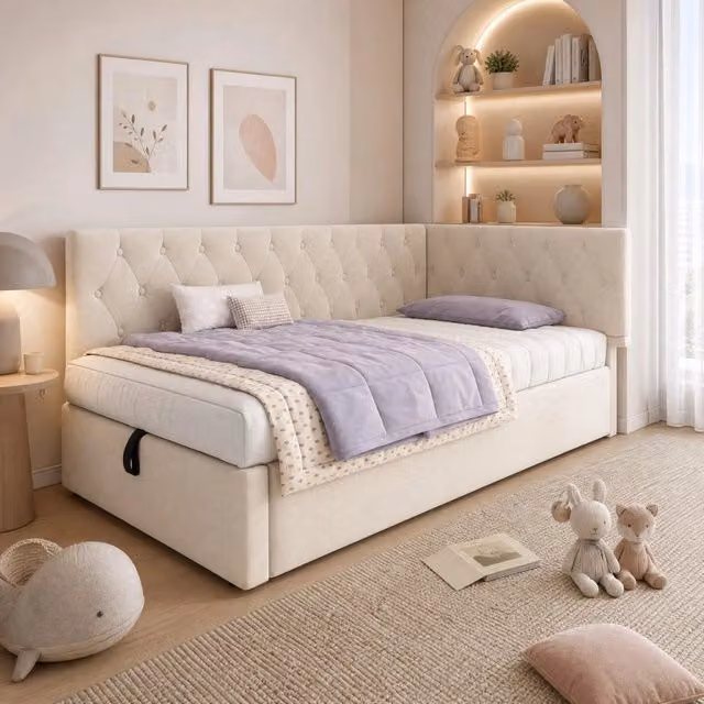 Letto singolo 90x190 cm beige in velluto con vano contenitore idraulico, senza materasso