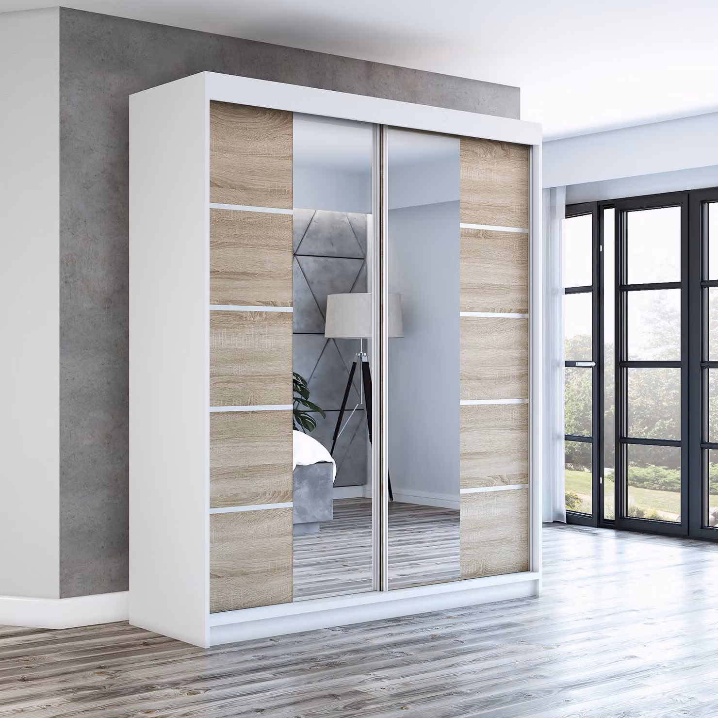 Armadio a porte scorrevoli, a 2 ante, modello ERA 180 cm (con specchio) Bianco / sonoma / sonoma