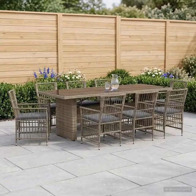 Set da pranzo per esterni vidaXL in polyrattan e vetro grigio, composto da 9 pezzi con tavolo rettangolare L: 240 cm, P: 110 cm, H: 75 cm e 8 sedie – 1