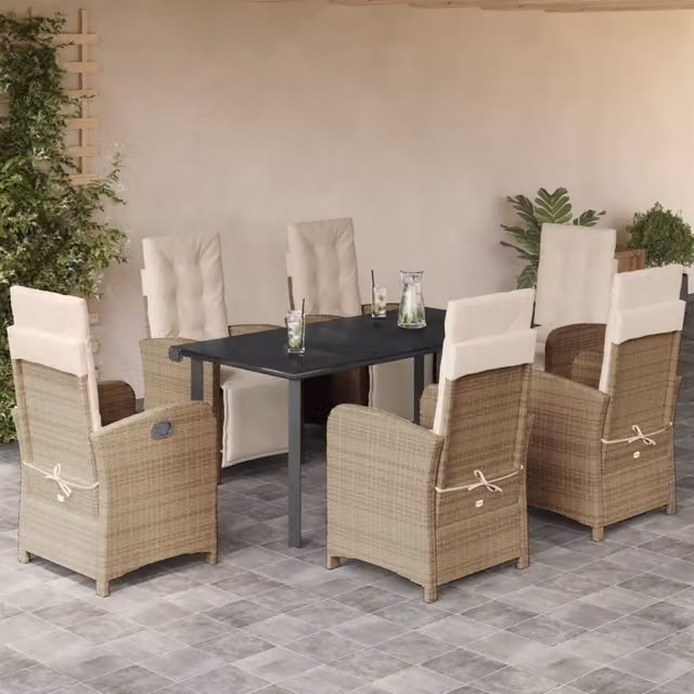 Set da pranzo da giardino vidaXL in polyrattan con cuscini beige e tavolo in vetro, 7 pezzi – 1