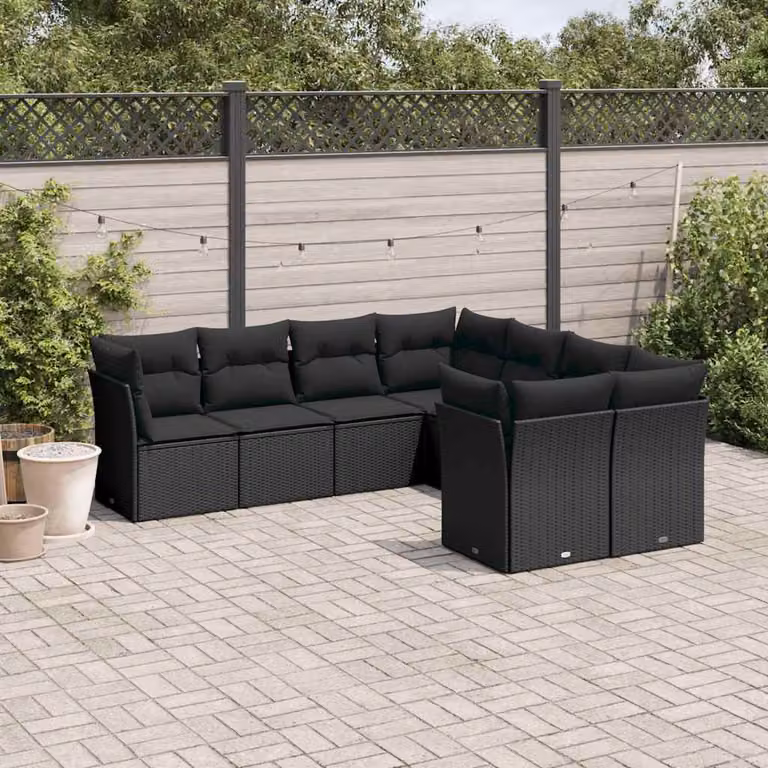 Set di divani da giardino vidaXL a forma di L con 8 pezzi e cuscini, polyrattan nero e struttura in metallo