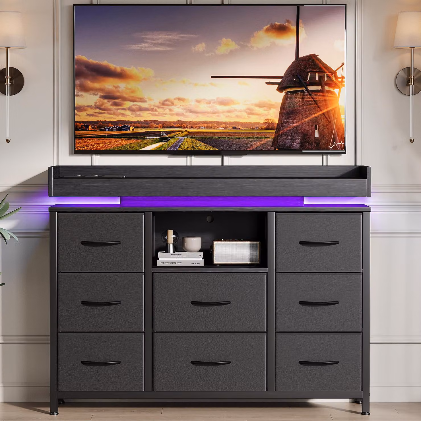Comodino Moonbite con 8 cassetti, rivestito in tessuto nero, dotato di illuminazione LED, modalità musicale, porta USB di tipo C e 2 prese di corrente, con sistema di sicurezza anti-ribaltamento in acciaio