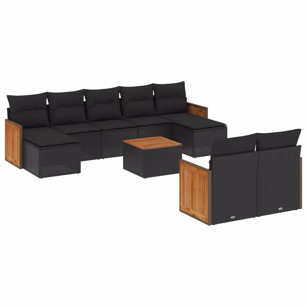 vidaXL Set Divani da Giardino 10pz in Polyrattan Nero con Cuscini e Tavolino da Esterno – 2
