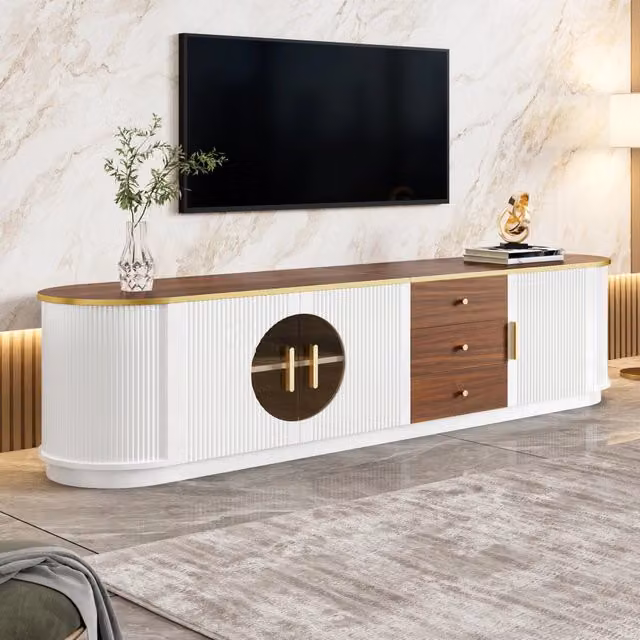 Desviae Mobile porta TV con 3 ante, 3 cassetti e ripiani fissi in MDF bianco con vetro marrone 180 × 40 × 46 cm