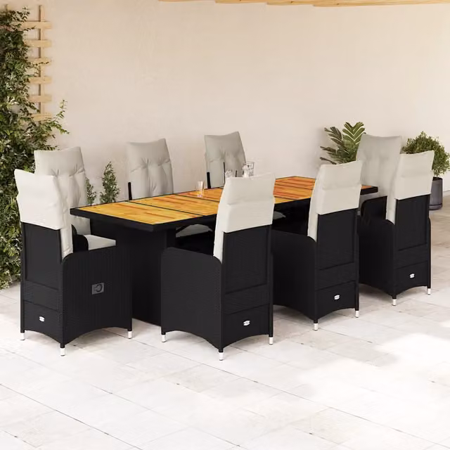 Set Bistrò da Giardino vidaXL 9 Pezzi in Polyrattan e Legno di Acacia Nero e Bianco