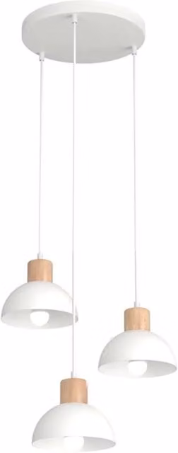 Lampada a sospensione Tethys Luceart-Classic con 3 luci, base tonda in acciaio bianco e legno naturale, design moderno per cucina o sala da pranzo