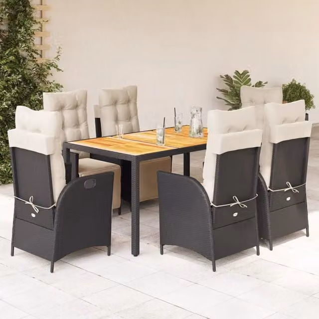 Set da Pranzo da Giardino 7 pz Nero con Cuscini in Polyrattan 3213335