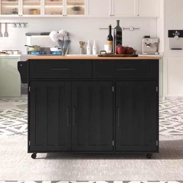 Carrello cucina nero con piano pieghevole e ruote