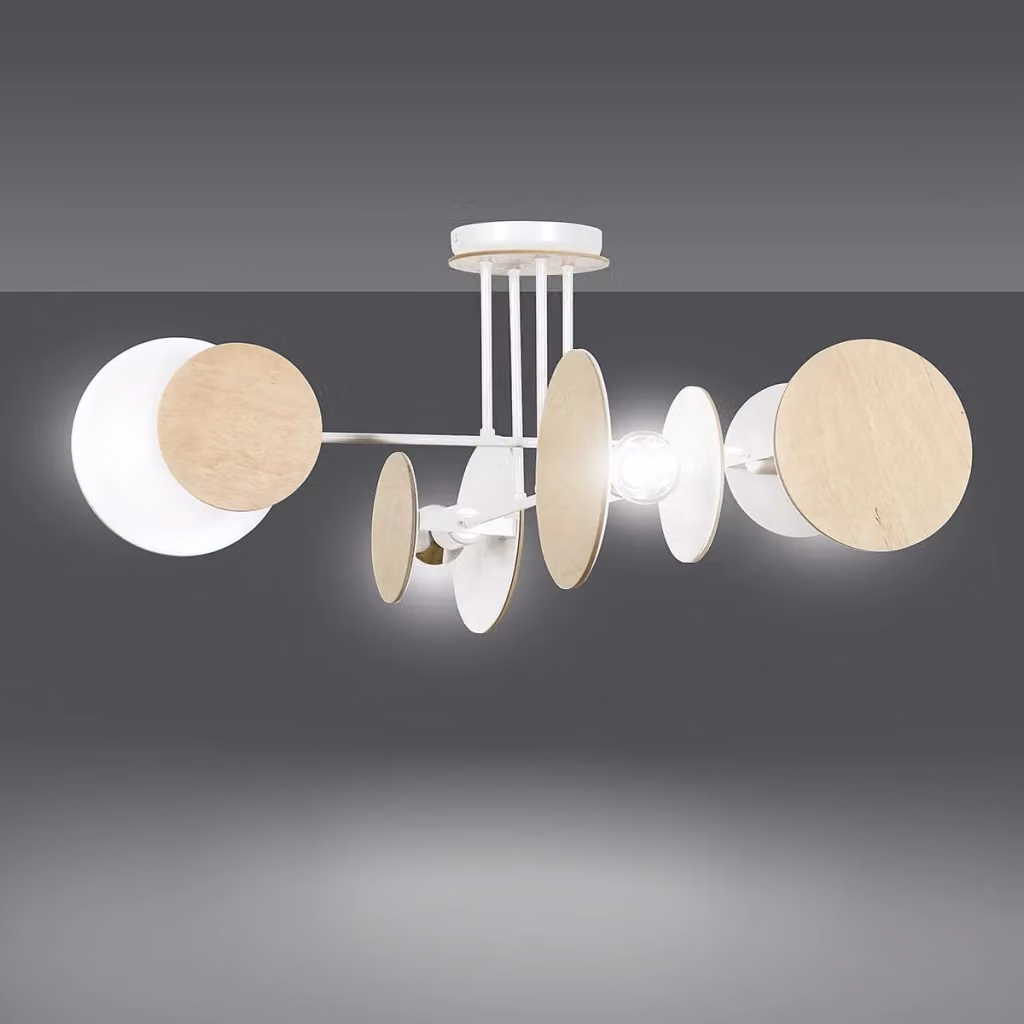 Plafoniera Emibig Zita con 4 luci E27 in metallo e legno, colore bianco e legno, diametro 86 cm – 2