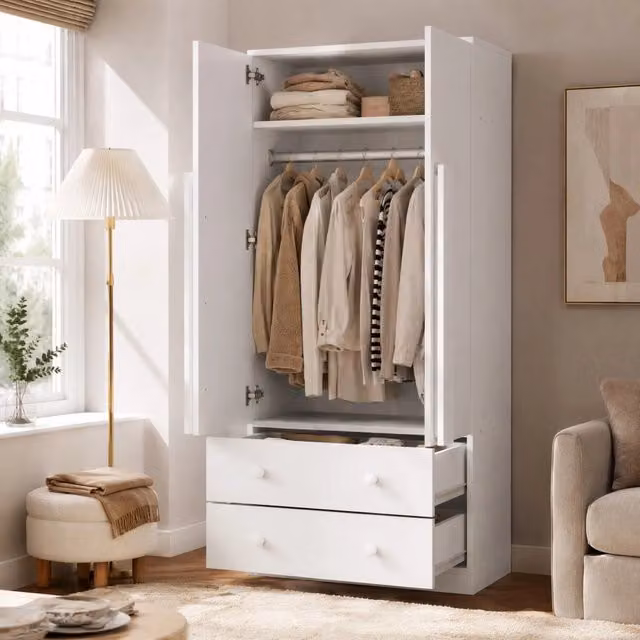 Desviae Armadio con doppie ante, 1 grande scomparto e 2 cassetti, in legno bianco, 70 × 40 × 170 cm