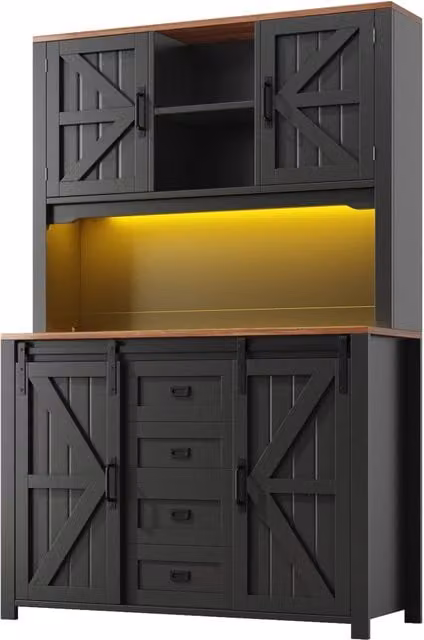 Mobile cucina con ante scorrevoli, illuminazione LED e ampia capacità 115x40x174,7 cm, nero