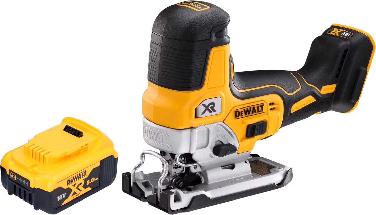 Seghetto alternativo a batteria DeWalt DCS 335 N 18 V 135 mm Brushless + 1x batteria 5,0 Ah - senza caricabatteria
