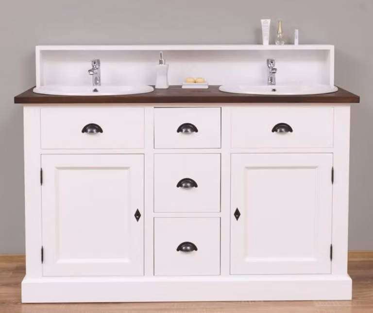Casa Padrino lavabo doppio in stile country bianco/marrone scuro 147 x 51 x h. 110 cm - Mobile lavabo in legno massiccio - Mobili bagno in stile country