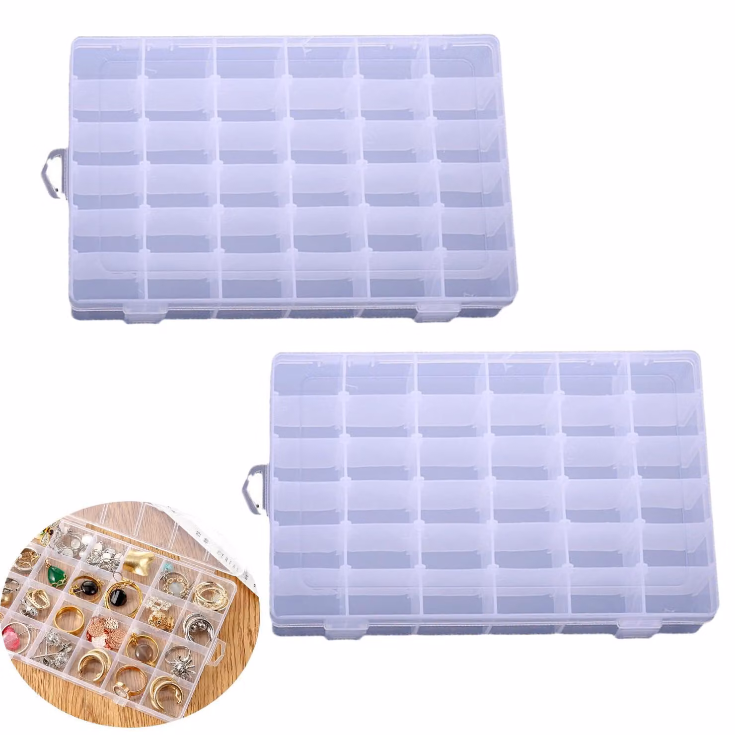 Contenitore organizzatore in plastica con divisori regolabili, confezione da 2, con 36 scomparti, trasparente, ideale per l'organizzazione e la conservazione