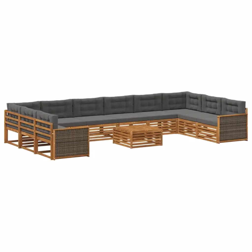 Set di divani da giardino a forma di U vidaXL in legno di acacia massello con cuscini, 11 pezzi, marrone e grigio – 2