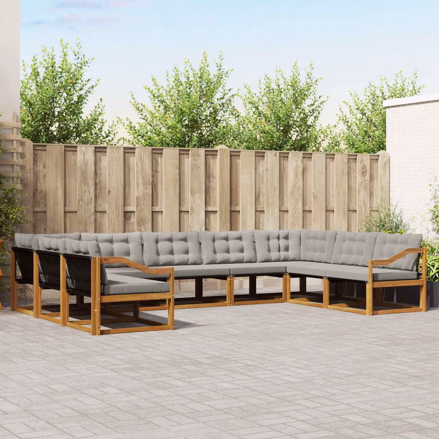 Set di divani da esterno vidaXL a forma di U composto da 9 pezzi in legno di acacia e tessuto textilene, colore grigio