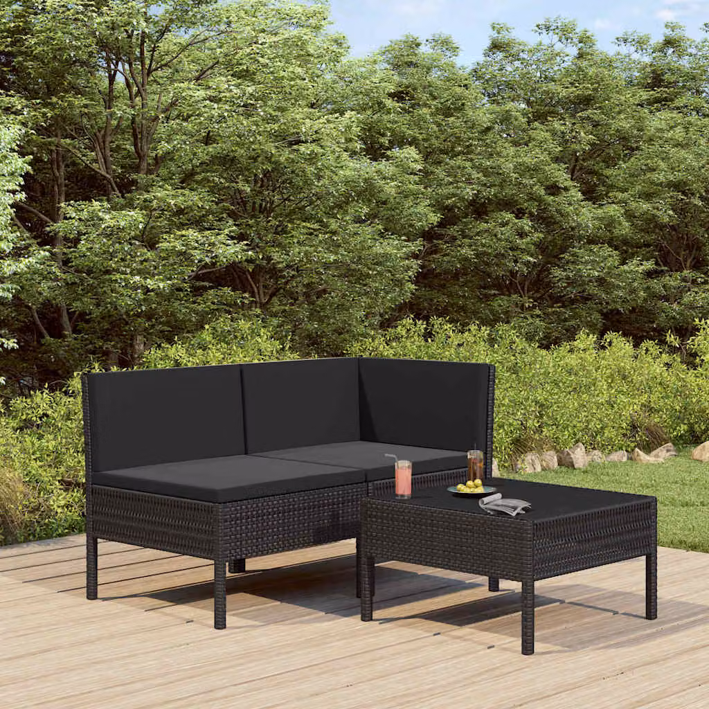 Set da giardino vidaXL composto da 3 pezzi con divano ad angolo, tavolino e cuscini, struttura in metallo nero e design moderno