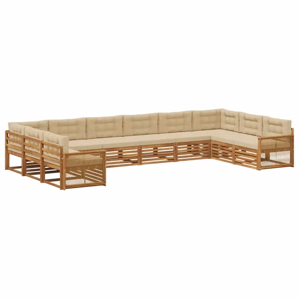 Set di divani da giardino vidaXL in legno di acacia massello con cuscini beige e marroni, 10 pezzi – 2