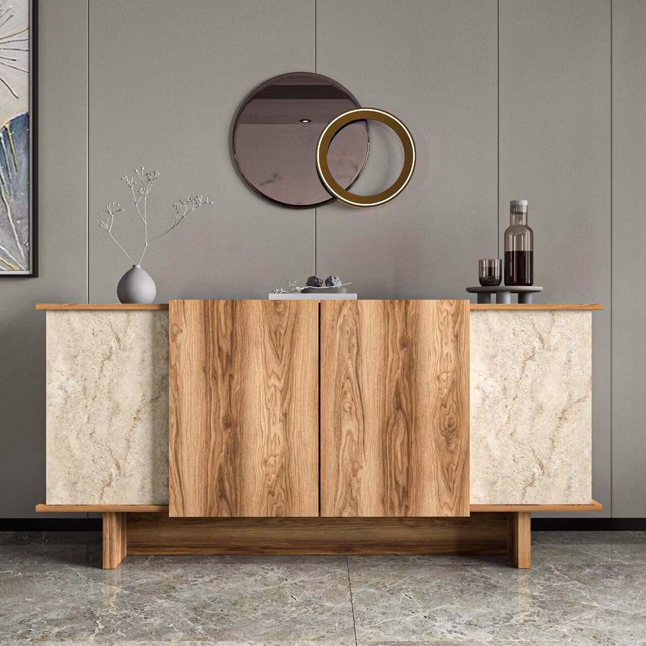 Skye Decor, Diana - Travertine, Walnut, Consolle, Travertino, PANNELLI DI AGGREGATO LEGGERO RIVESTITI AL 100% IN MELAMMINA, 40 x 180 x 81 cm