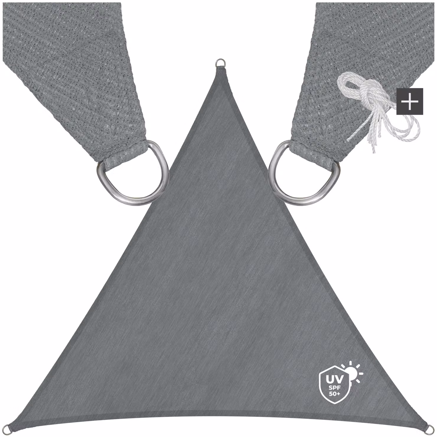 Vela ombreggiante triangolare TecTake GmbH in polietilene HDPE grigio con protezione UPF 50+ e accessori in acciaio inossidabile, L/P/H: 3,6 x 3,6 x 3,6 m – 1