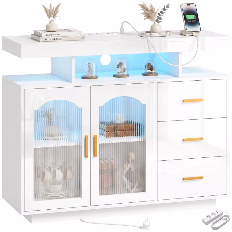 HOMCOM: Credenza alta lucida con illuminazione a LED, prese di corrente e 3 cassetti