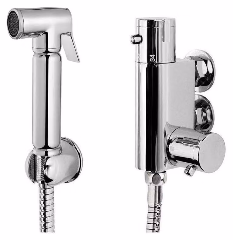 Rubinetto bidet con miscelatore termostatico, in ottone, cromato, da montare a parete