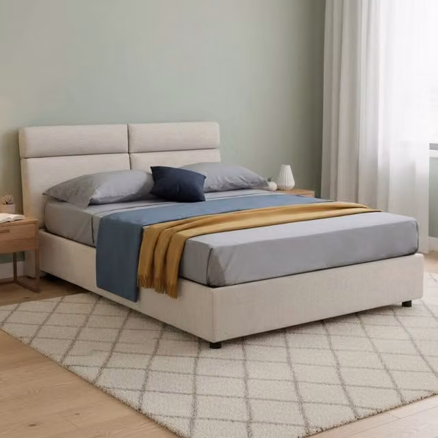 Letto Matrimoniale Ator DMORA con Contenitore a Alzata, Rivestimento Sfoderabile in Tessuto, Beige, L 160 x P 200 cm – 1