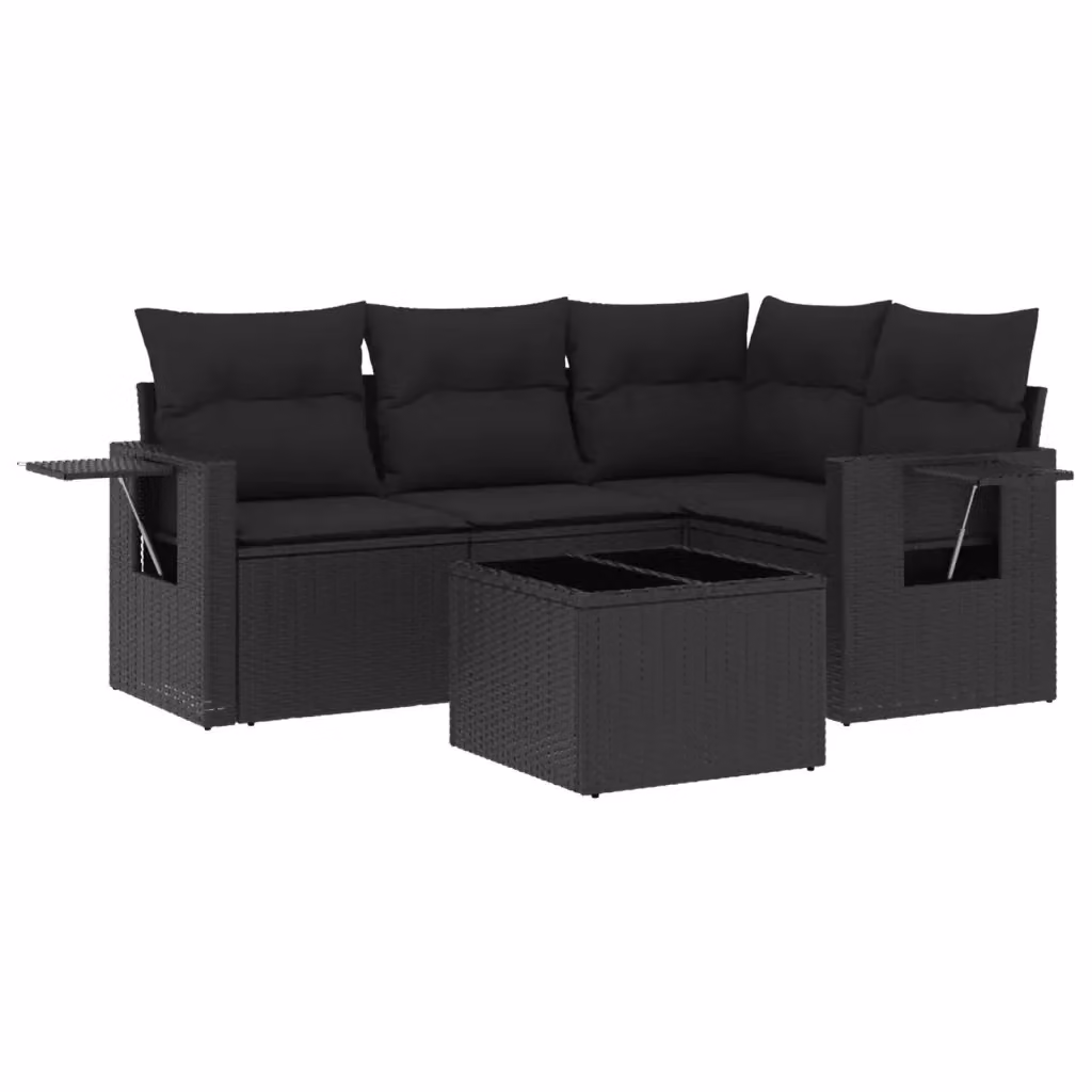 vidaXL Set Divani da Giardino a L 5 pz in Polyrattan Nero con Cuscini e Tavolino – 2
