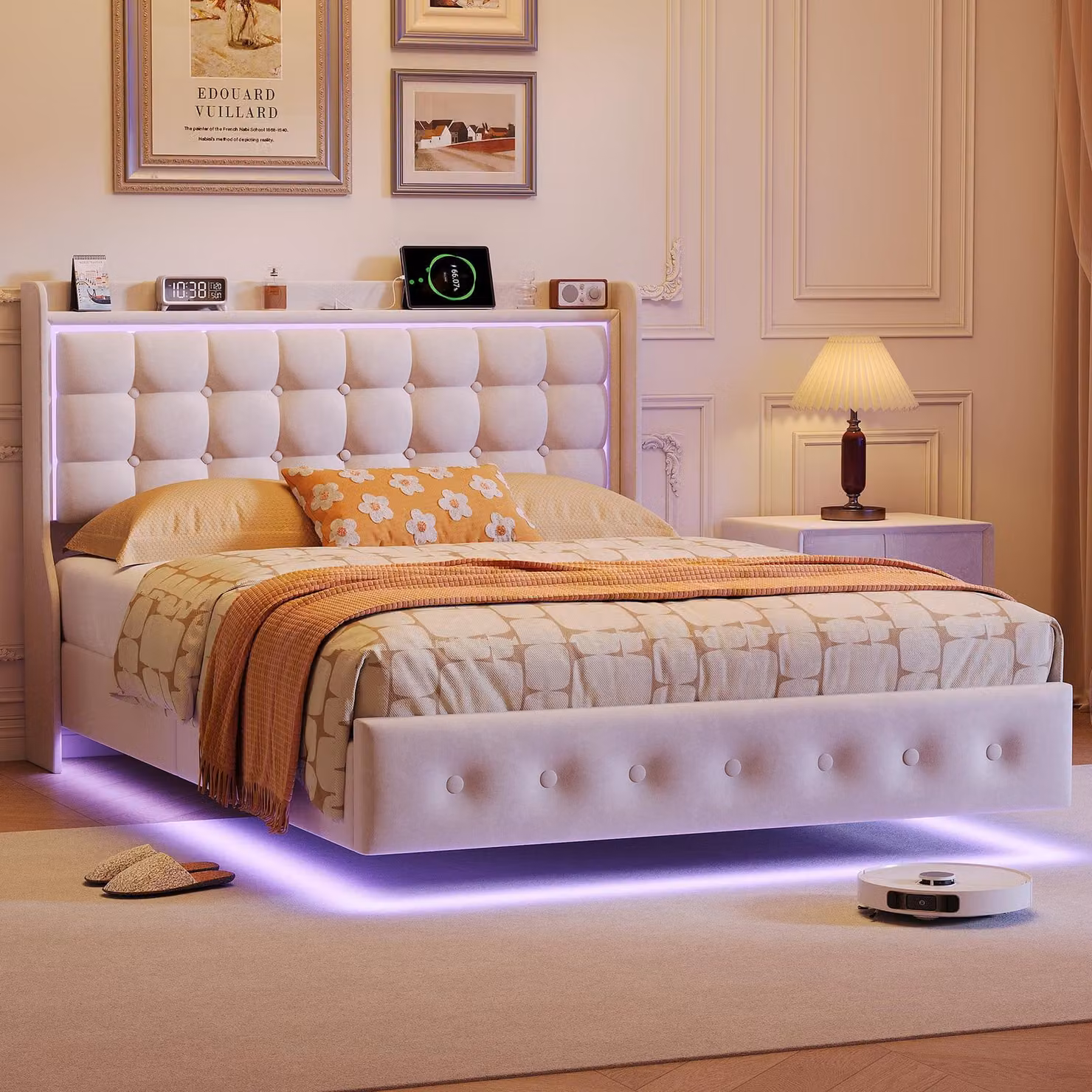 Letto imbottito ProximaX 140x200 cm con USB e Type-C, letto matrimoniale per ragazzi con LED, letto a cassettone idraulico con rete a doghe, velluto, bianco