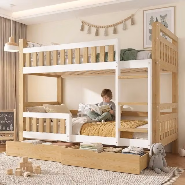 Letto a castello in legno bianco e naturale 90 x 200 cm; divisibile; con scala e 2 cassetti