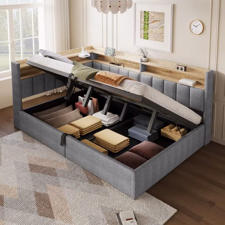Divano letto Flieks 140x200 cm con USB, divano letto giornaliero con LED, letto per ragazzi con sistema idraulico, imbottito e con testiera, letto contenitore in velluto, grigio