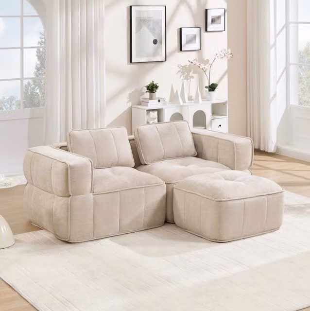 Divano modulare senza struttura con pouf; schiuma 32D e rivestimento in poliestere; beige