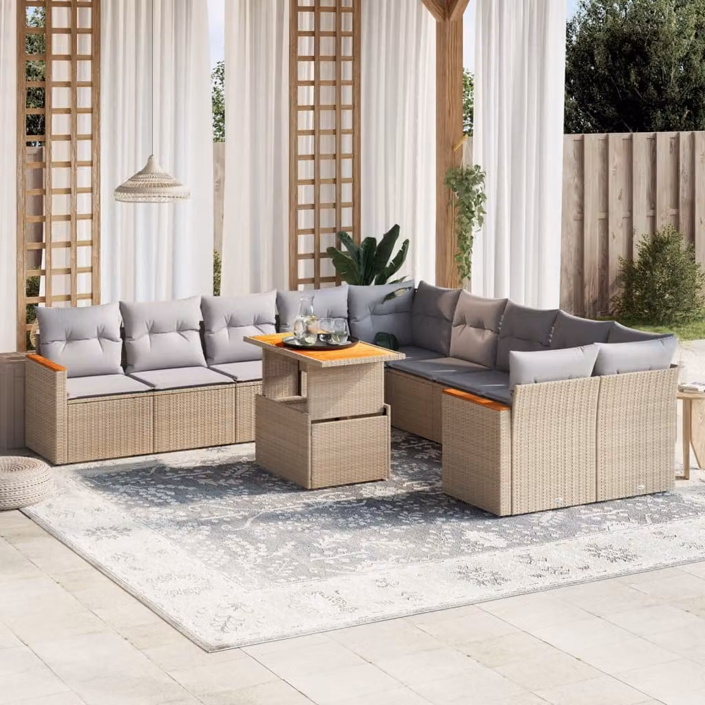 vidaXL Set Divani da Giardino 11 pz in Polyrattan con Cuscini Beige e Grigio per Esterno – 1