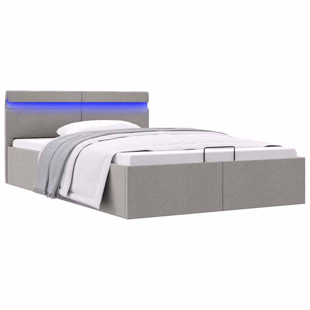 vidaXL Giroletto con Contenitore e LED Grigio Chiaro in Tessuto, L/P/H: 120 x 200 x 73 cm