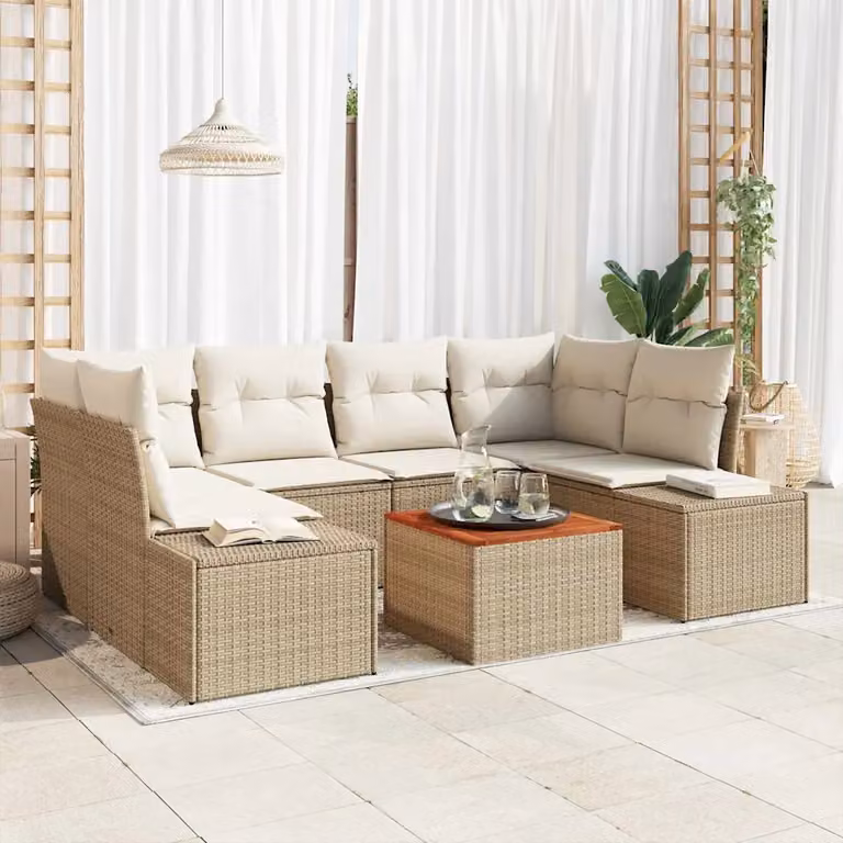 Set Divano da Giardino vidaXL 7 Pezzi Beige con Cuscini e Tavolino in Polyrattan e Acciaio