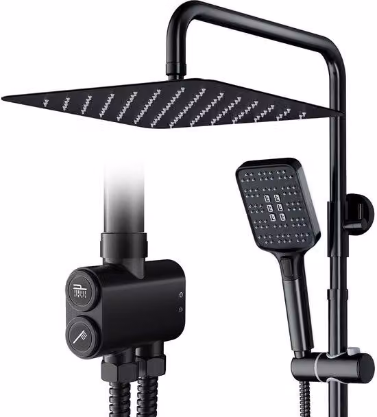 Unyqoos® Doccia a pioggia quadrata con barra regolabile da 800 a 1080 mm, 3 tipi di getto, ugelli in silicone, deviatore in ottone, a risparmio idrico, getto ampio tipo pioggia