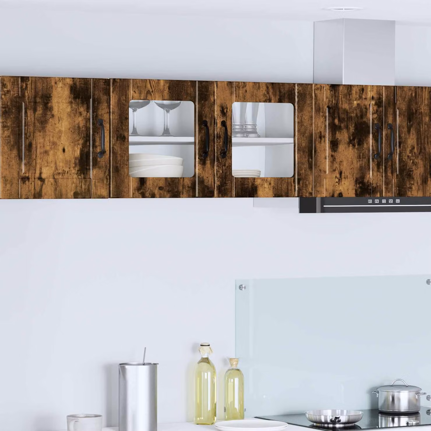 Mobile da parete vidaXL PORTO in legno e vetro, Rovere fumé, L 80 x P 31 x H 40 cm