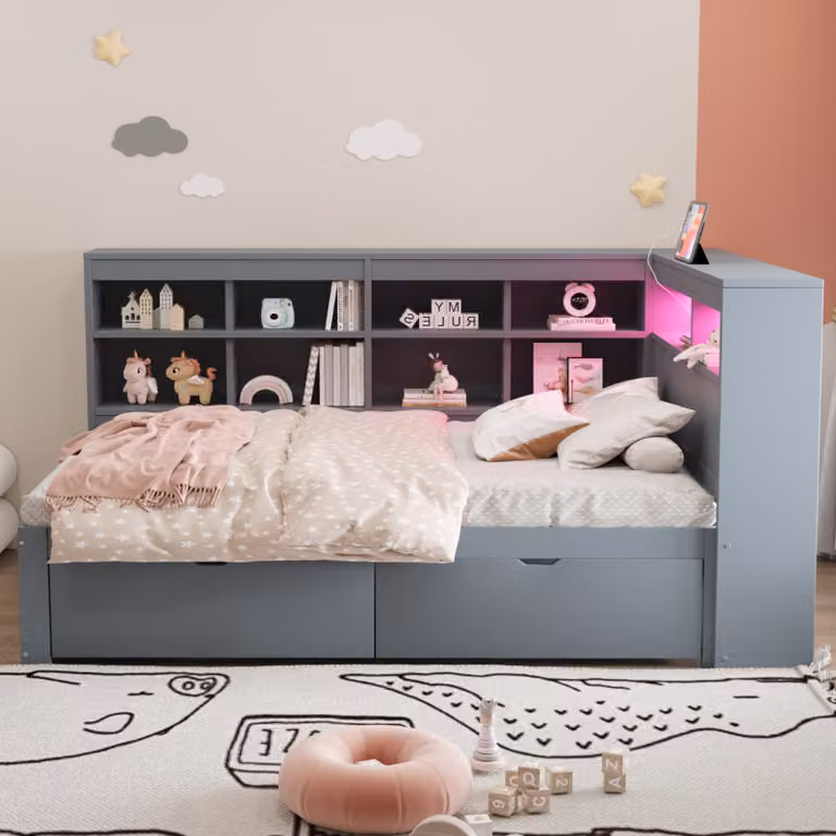 okwish Daybed 90x200cm, Divano letto, Letto singolo multifunzionale con USB e cassetti e ripiani, senza materasso, Grigio