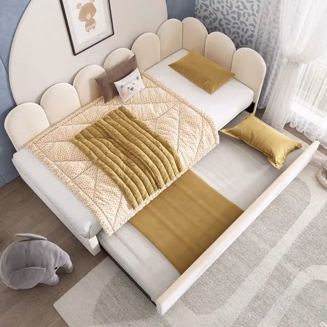 Letto moderno con letto estraibile rivestito in velluto beige per camera da letto e cameretta, L/P/H: 90 x 200 x 76 cm