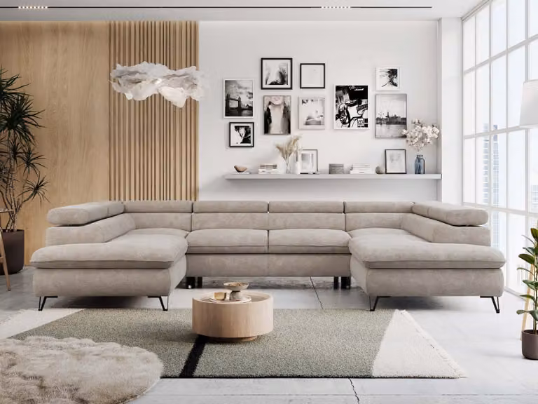 Divano ad angolo, modello universale, funzione letto, contenitore, a forma di U, poggiatesta regolabili, divano letto - PETER U - Struttura - Beige
