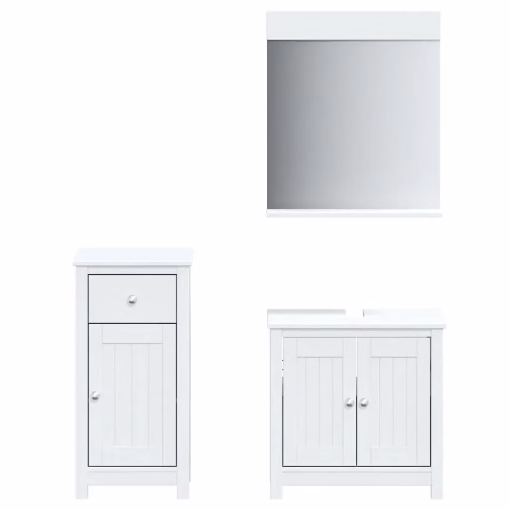 Set di mobili da bagno BERG vidaXL in legno massello di pino bianco, composto da 3 pezzi con base lavabo, mobiletto laterale e armadietto con specchio – 2