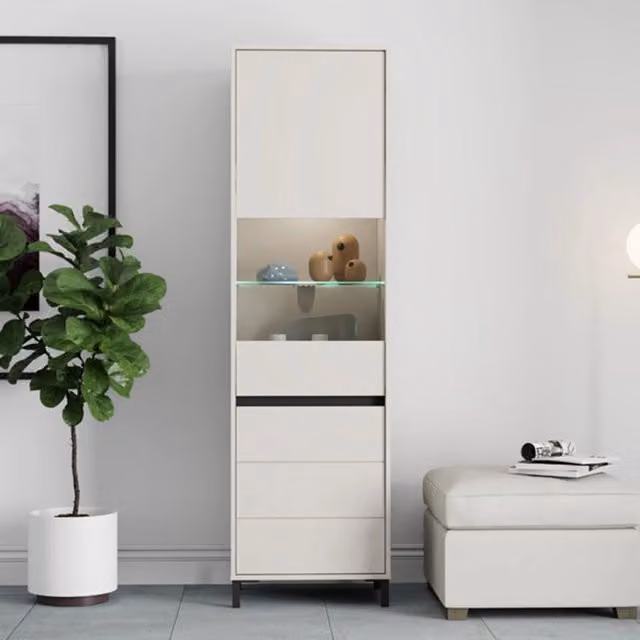 Vetrina Espositore DMORA con Ante in Vetro e 4 Ripiani, Bianco Crema, L: 55 cm, P: 40 cm, H: 193 cm – 1