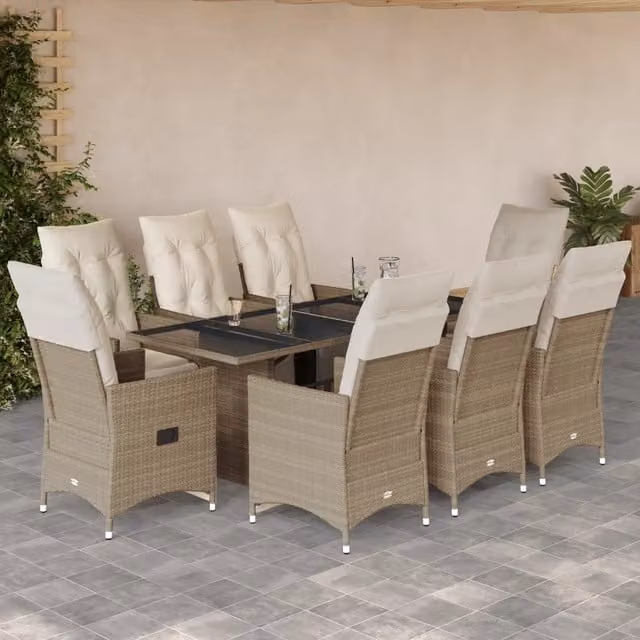 Set da Bistrò da Giardino vidaXL in Polyrattan con Cuscini Beige e Piano in Vetro, 9 Pezzi – 1