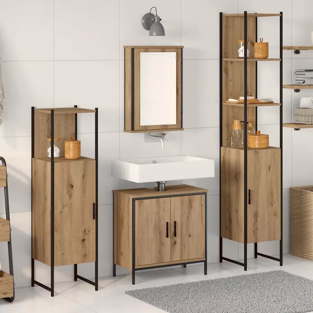 Set di mobili per il bagno moderno vidaXL in legno marrone e nero, composto da armadietto con specchio, mobile lavabo, colonna alta e mobile laterale, L/P/H: 33 x 33 x 185,5 cm