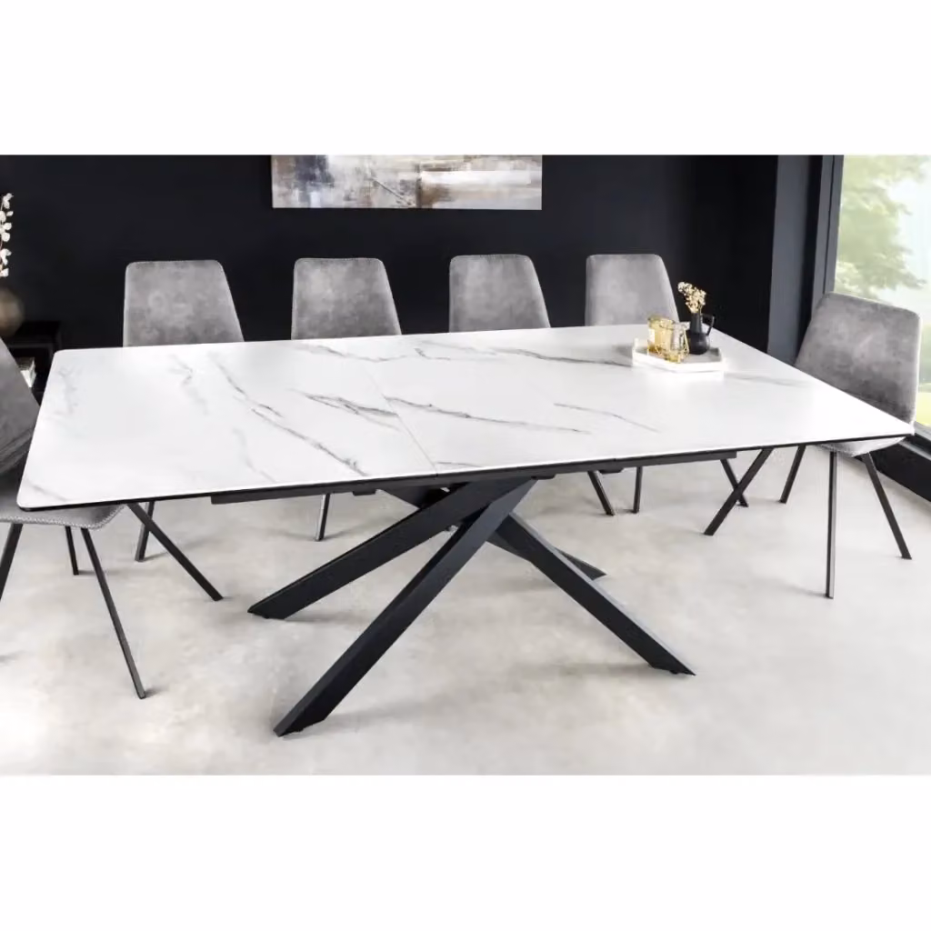 Tavolo da pranzo allungabile MEUBLORAMA moderno in ceramica con base centrale in metallo, rettangolare, bianco, nero e grigio – 2