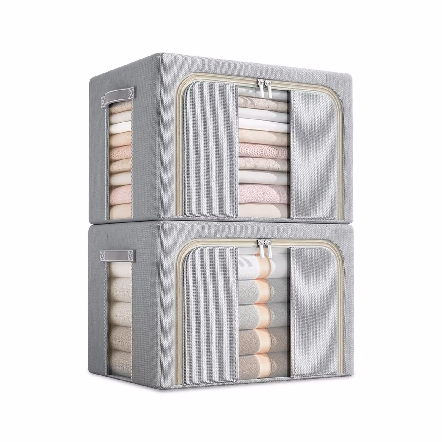 set di 2 scatole portaoggetti in tessuto Oxford, impermeabile, pieghevole, 100L, scomparti, per vestiti e guardaroba, con due finestre di visualizzazione, grigio chiaro