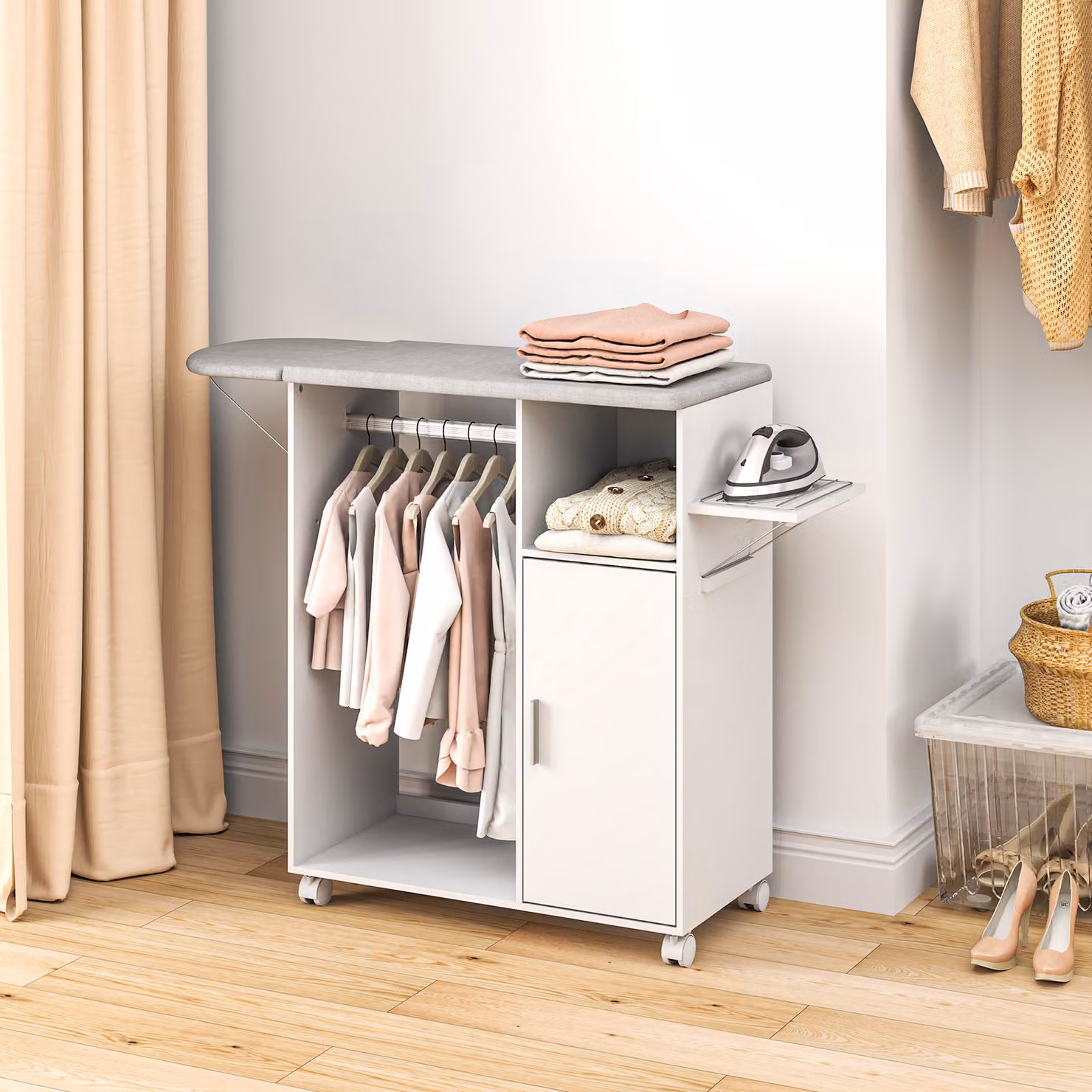 Asse da stiro mobile HOMCOM con piano d'appoggio, 3 ripiani a cubo e guida, Bianco, L 127 x P 42,5 x H 99 cm – 2