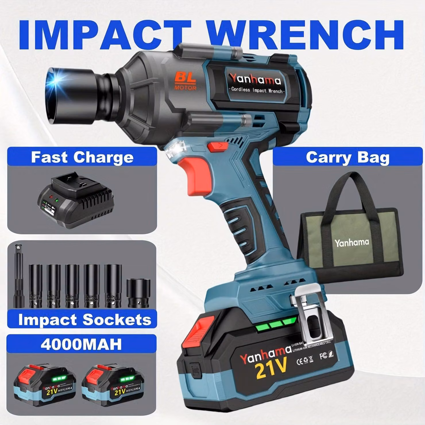 Avvitatore a percussione – Batteria – Avvitatore a percussione – Coppia elevata di 1400 Nm – 21V – Motore brushless – Doppia batteria