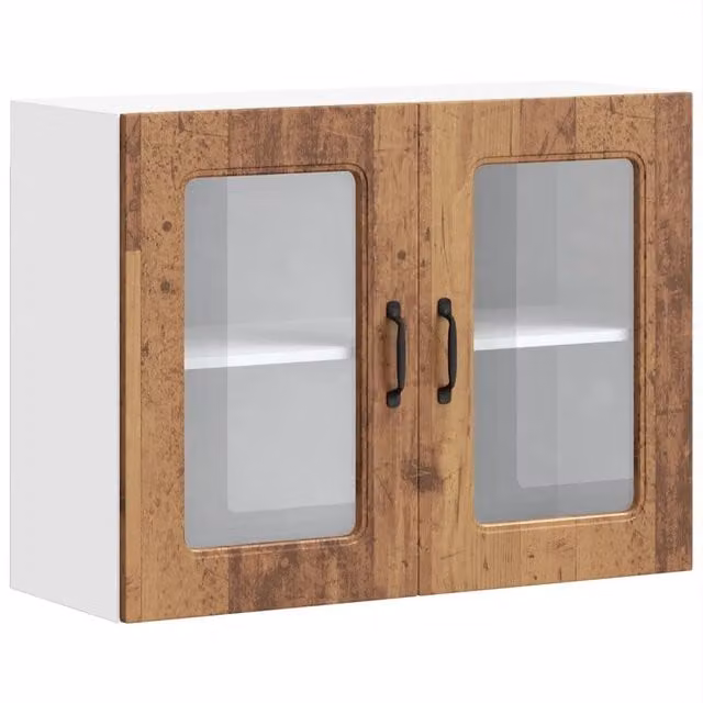 Pensile da parete HELLOSHOP26 in legno e vetro marrone con ante in vetro e ripiani interni per cucina o soggiorno L: 80 cm, P: 31 cm, H: 60 cm