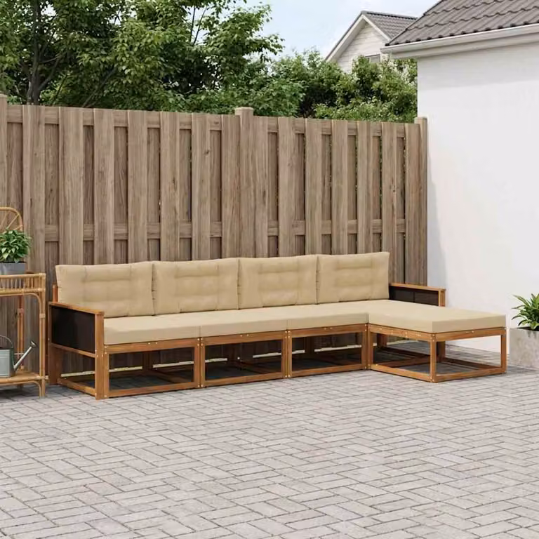 Set di divani da esterno vidaXL 5 pezzi a forma di L in legno di acacia con cuscini beige e marrone